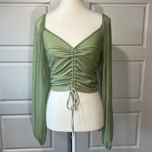 Blue Blush Sage Green Ruched Drawstring Long Sleeve Mesh Top‎